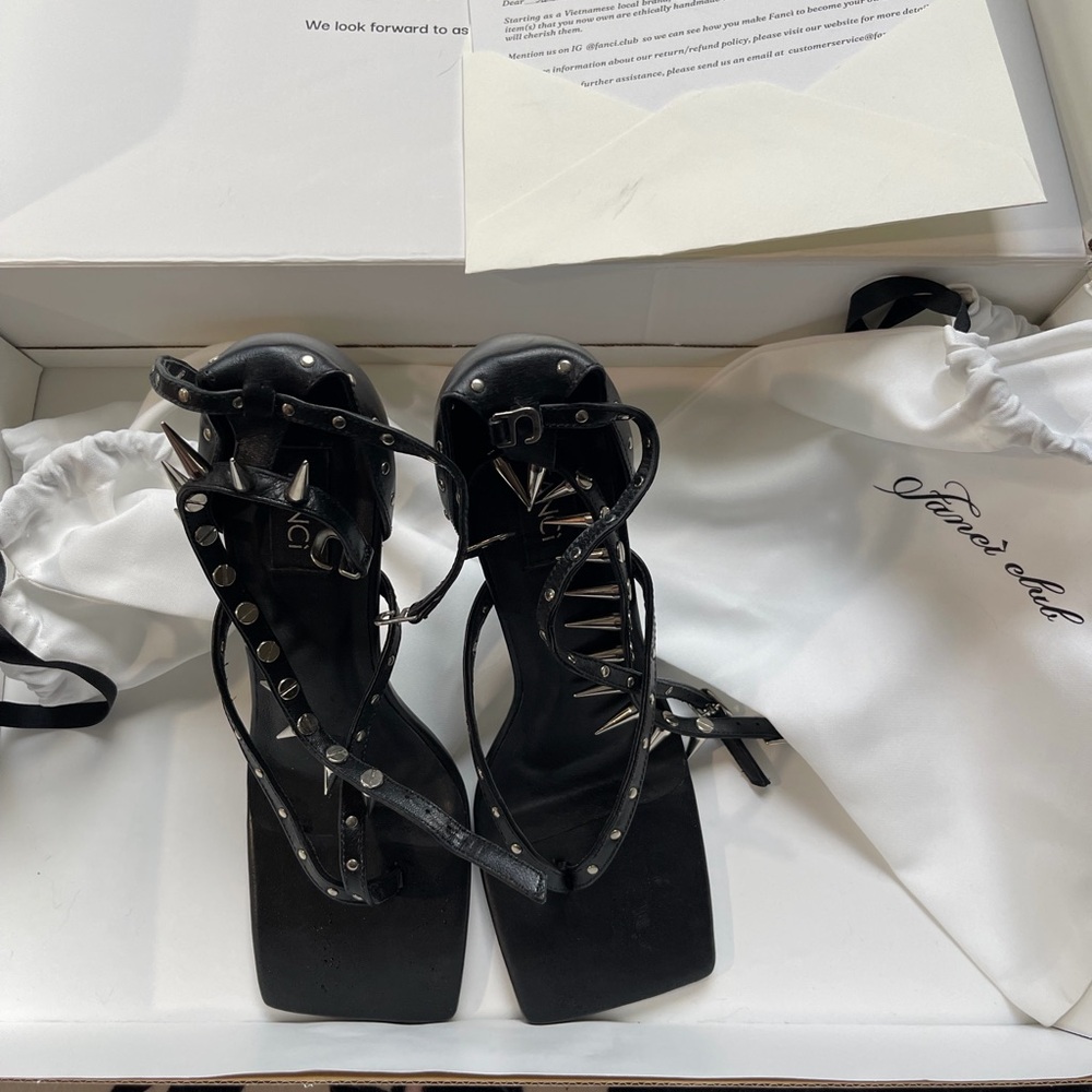 Fanci Club Black Strappy Studded Spiked Buckle Ankle Strap Stiletto Heels